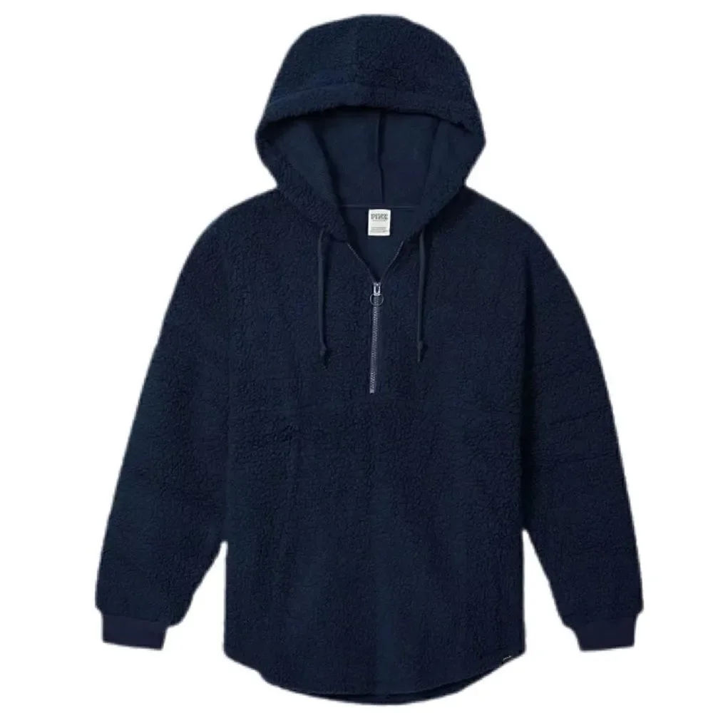 Victoria’s Secret Pink Varsity Sherpa Half Zip Pullover cozy Hoodie Ensing Blue